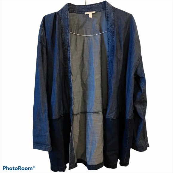 Eileen Fisher Open Chambray Color block Jacket Lrg